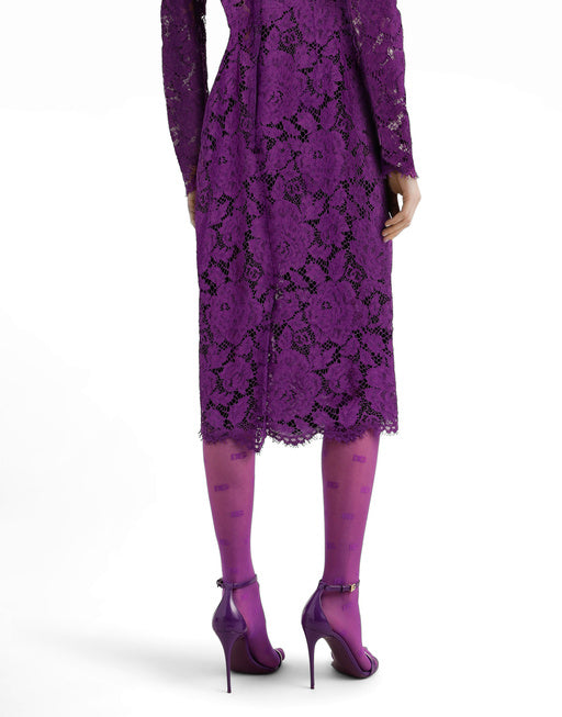 LONG-SLEEVED CALF-LENGTH DRESS IN BRANDED STRETCH LACE