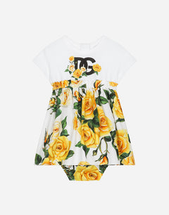 JERSEY AND POPLIN DRESS WITH BLOOMERS AND YELLOW ROSE PRINT