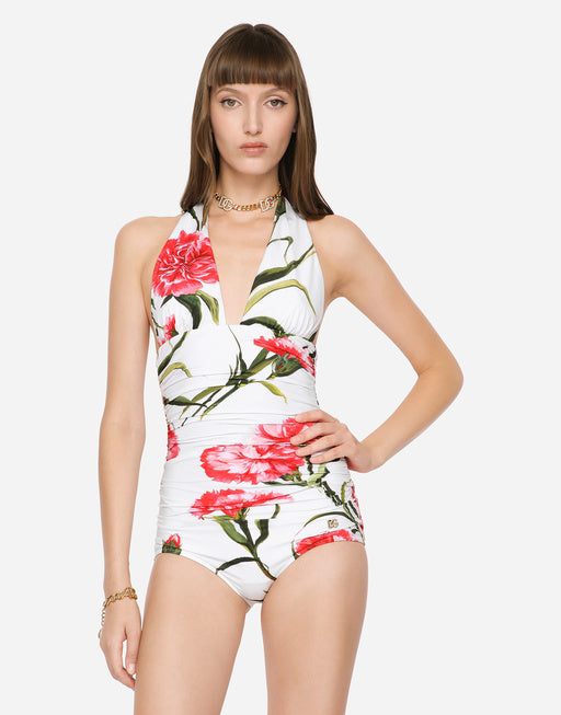 CARNATION-PRINT ONE-PIECE SWIMSUIT WITH PLUNGING NECKLINE