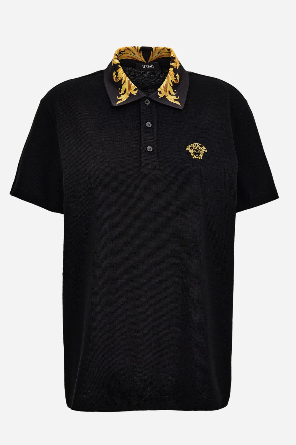 Polo In Cotton Piquet-Printleafy Collar-Medusa Embroidery