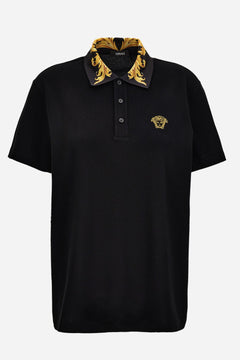 Polo In Cotton Piquet-Printleafy Collar-Medusa Embroidery