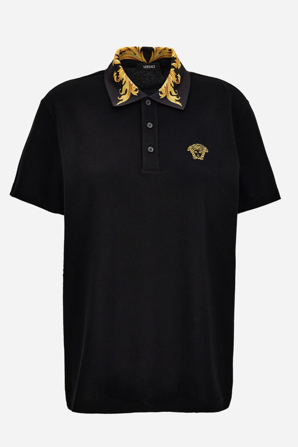 Polo In Cotton Piquet-Printleafy Collar-Medusa Embroidery