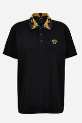 Polo In Cotton Piquet-Printleafy Collar-Medusa Embroidery