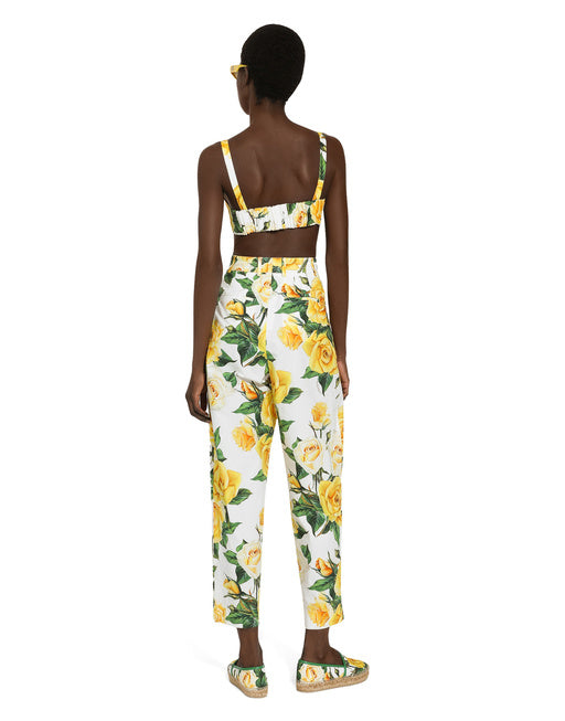 HIGH-WAISTED COTTON PANTS WITH YELLOW ROSE PRINT