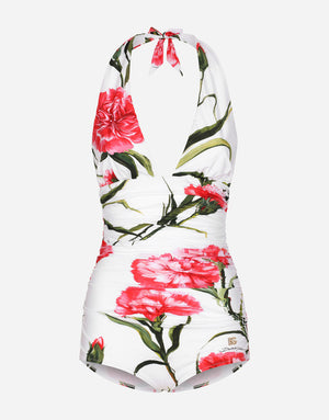 CARNATION-PRINT ONE-PIECE SWIMSUIT WITH PLUNGING NECKLINE