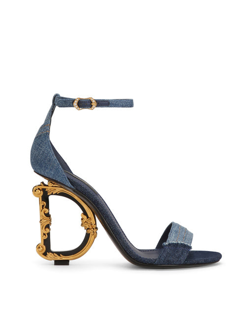 PATCHWORK DENIM SANDALS WITH BAROQUE DG HEEL