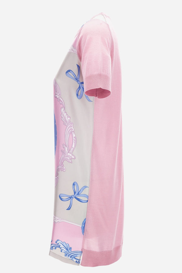 Knit Dress In Printed Silk Twill Inserts Wool And Silk