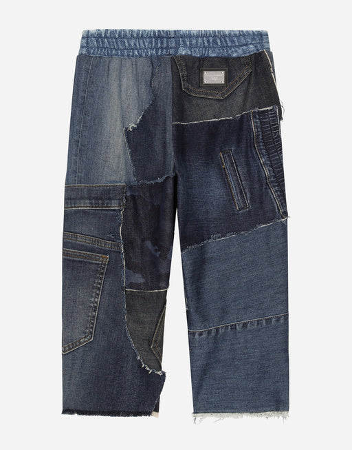 DENIM PATCHWORK JOGGING PANTS WITH LOGO TAG