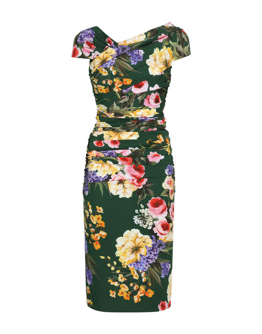 CHARMEUSE DRAPED SHEATH DRESS WITH GARDEN PRINT