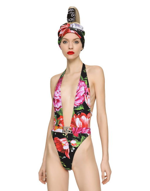BELTED FLORAL-PRINT SWIMSUIT WITH PLUNGING NECKLINE