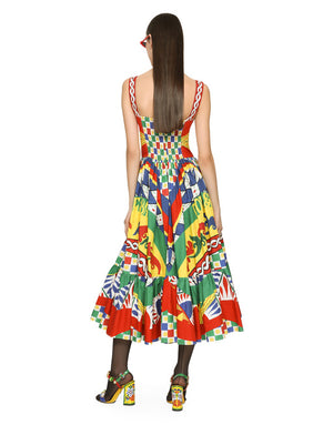 CALF-LENGTH BUSTIER DRESS IN CARRETTO-PRINT POPLIN