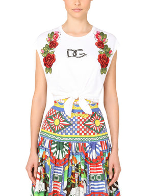 JERSEY T-SHIRT WITH TIE HEM AND RAFFIA EMBROIDERY