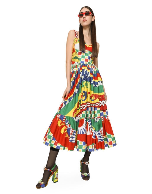 CALF-LENGTH BUSTIER DRESS IN CARRETTO-PRINT POPLIN