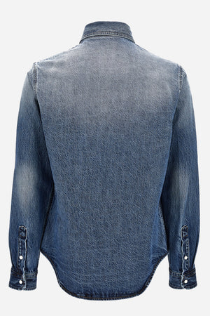 Shirt Denim In Stone Wash Blue Denim Fabric-Embossed Embroidery