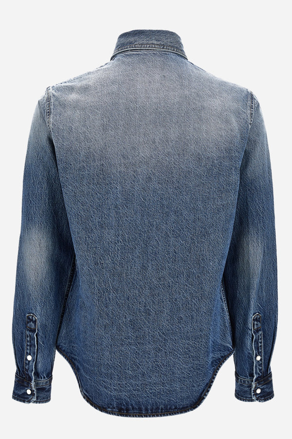 Shirt Denim In Stone Wash Blue Denim Fabric-Embossed Embroidery