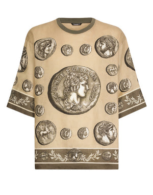 COIN PRINT LINEN AND COTTON T-SHIRT