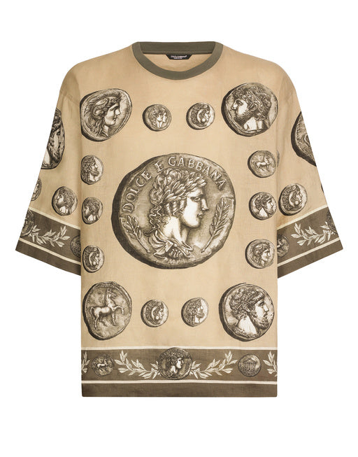 COIN PRINT LINEN AND COTTON T-SHIRT