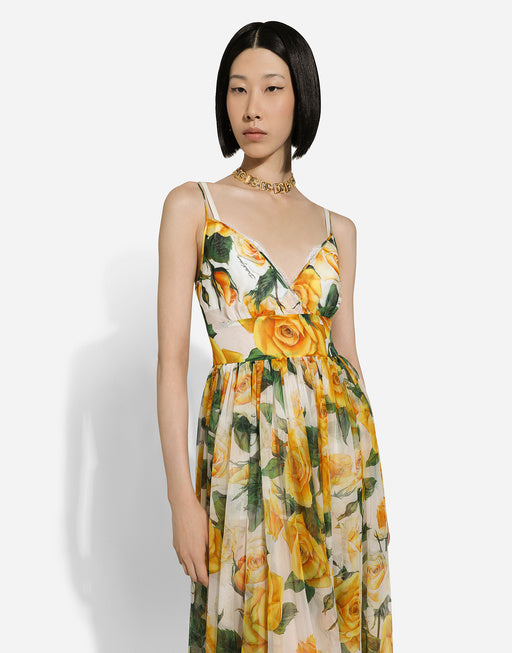 LONG SILK CHIFFON DRESS WITH YELLOW ROSE PRINT