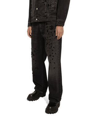 OVERSIZE WASHED JEANS WITH RHINESTONE EMBELLISHMENT