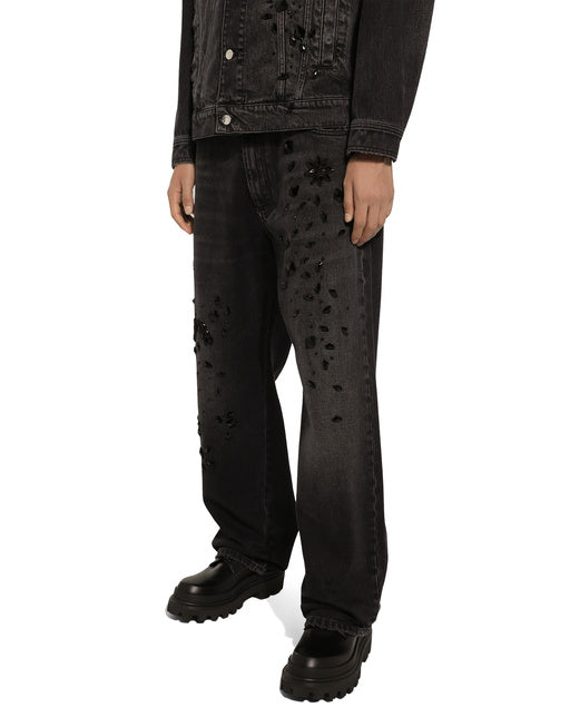 OVERSIZE WASHED JEANS WITH RHINESTONE EMBELLISHMENT
