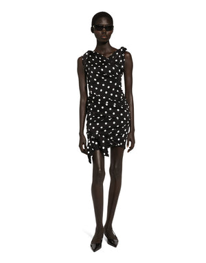 CHARMEUSE MIDI DRESS WITH DRAPING AND POLKA-DOT PRINT