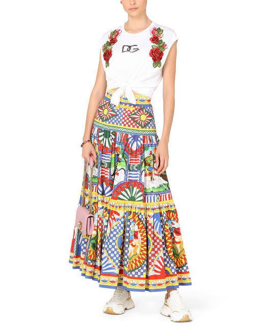 JERSEY T-SHIRT WITH TIE HEM AND RAFFIA EMBROIDERY