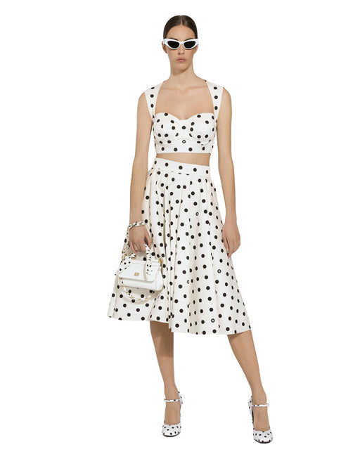 COTTON DRILL CALF-LENGTH CIRCLE SKIRT WITH POLKA-DOT PRINT