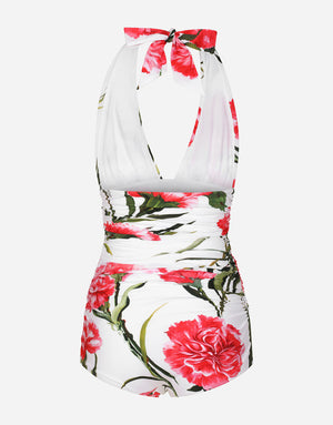CARNATION-PRINT ONE-PIECE SWIMSUIT WITH PLUNGING NECKLINE