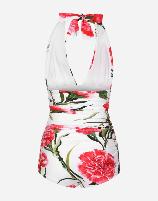 CARNATION-PRINT ONE-PIECE SWIMSUIT WITH PLUNGING NECKLINE