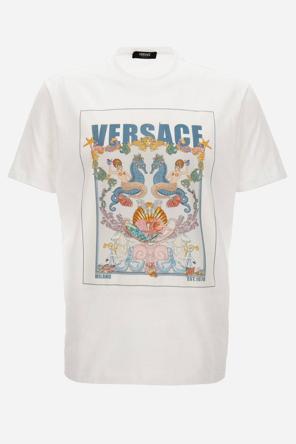 T-Shirt In Compact Cotton Jersey Fabric + Coral Theater Postcard Print