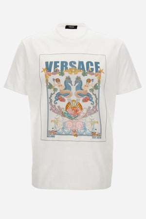 T-Shirt In Compact Cotton Jersey Fabric + Coral Theater Postcard Print