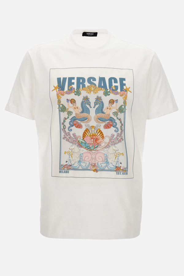 T-Shirt In Compact Cotton Jersey Fabric + Coral Theater Postcard Print