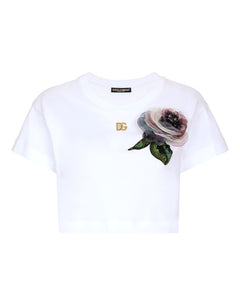 CROPPED JERSEY T-SHIRT WITH FLOWER APPLIQUÉ