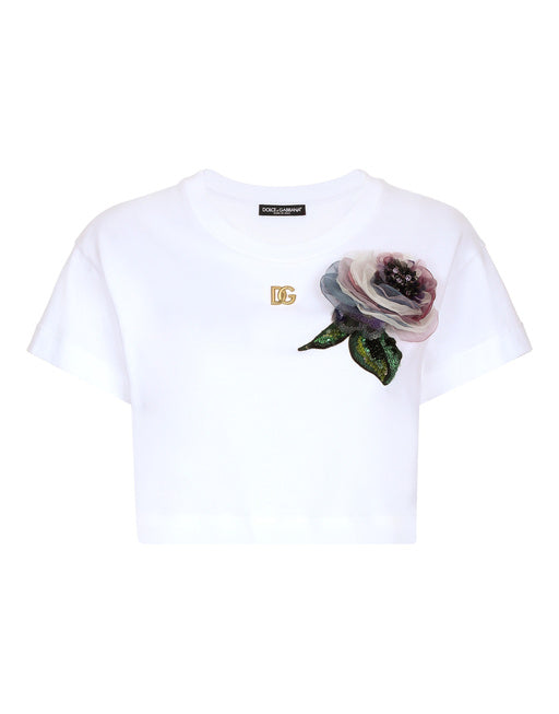 CROPPED JERSEY T-SHIRT WITH FLOWER APPLIQUÉ