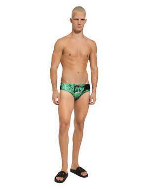 BANANA-TREE-PRINT SWIM BRIEFS WITH HIGH-CUT LEG