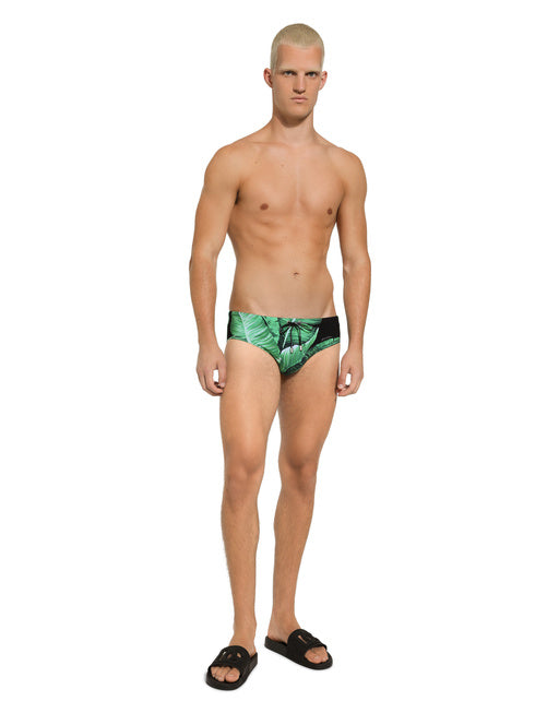 BANANA-TREE-PRINT SWIM BRIEFS WITH HIGH-CUT LEG