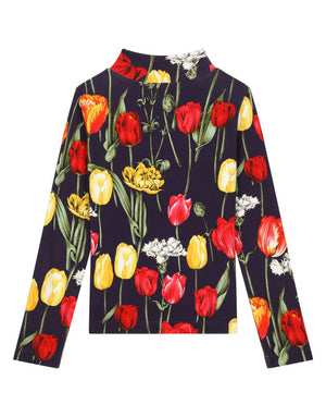 INTERLOCK MOCK TURTLE-NECK WITH TULIP PRINT