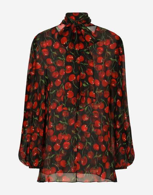 CHERRY-PRINT CHIFFON PUSSY-BOW BLOUSE
