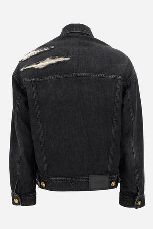 Blouson Denim In Washed Black Used Effect With Metal Mesh Insert
