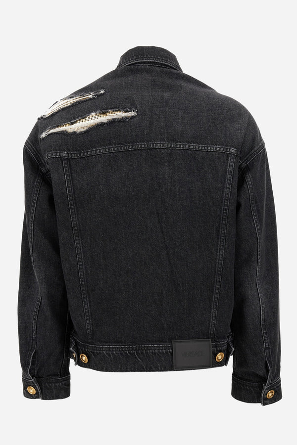 Blouson Denim In Washed Black Used Effect With Metal Mesh Insert