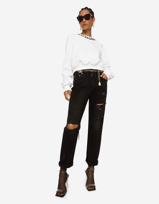 CROPPED JERSEY SWEATSHIRT WITH LOGO EMBROIDERY ON NECK