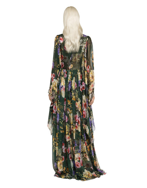 LONG GARDEN-PRINT CHIFFON DRESS
