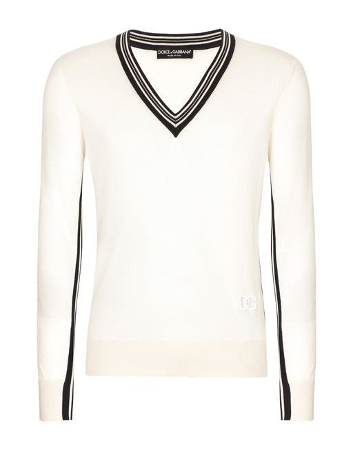 SILK V-NECK SWEATER WITH DG EMBROIDERY