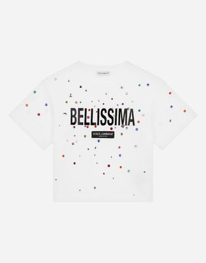 JERSEY T-SHIRT WITH MULTI-COLORED FUSIBLE RHINESTONES