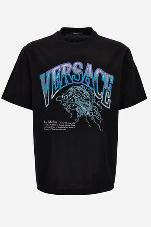 T-Shirt In Compact Cotton Jersey Fabric + Embroidery, Print And Hotfix La Medusa Vasrsity