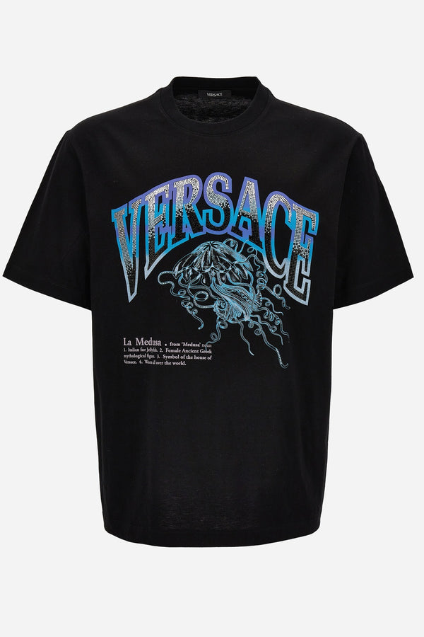 T-Shirt In Compact Cotton Jersey Fabric + Embroidery, Print And Hotfix La Medusa Vasrsity