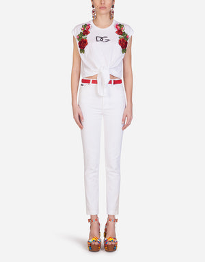 JERSEY T-SHIRT WITH TIE HEM AND RAFFIA EMBROIDERY