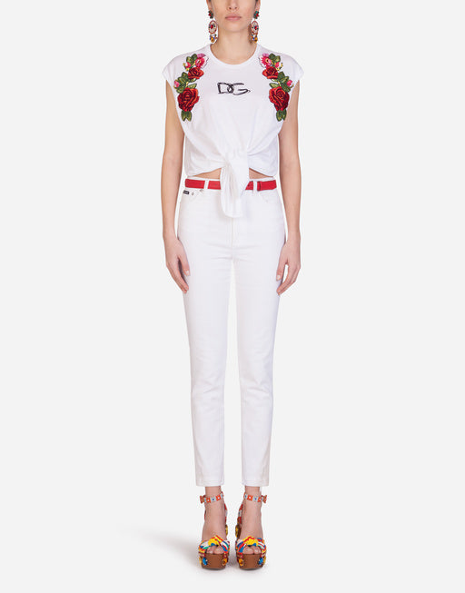 JERSEY T-SHIRT WITH TIE HEM AND RAFFIA EMBROIDERY