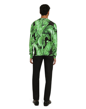 ROUND-NECK SILK SWEATER WITH BANANA TREE PRINT
