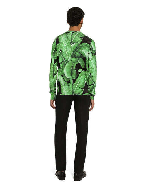 ROUND-NECK SILK SWEATER WITH BANANA TREE PRINT